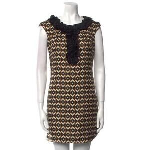 Milly NY Silk Floral Shift Dress 12 Ruffled Neckline Retro Brown Black.